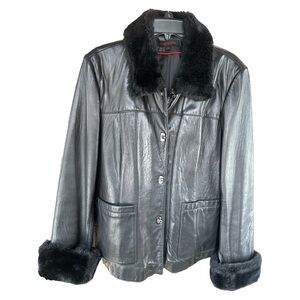 Anne Klein Women’s Black Leather Jacket with Faux Fur Trim Size Large